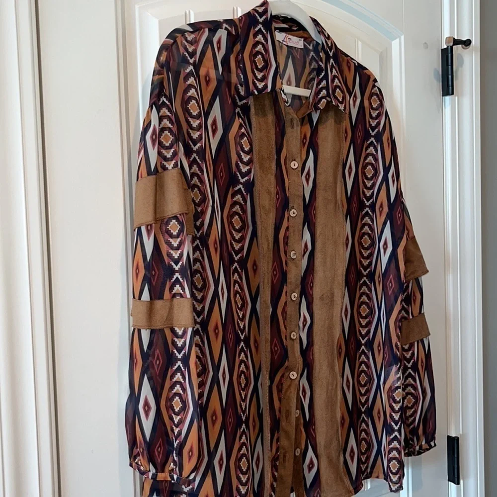 Western cowgirl button down blouse faux leather details SO Cute and unique L/ XL - Picture 11 of 11